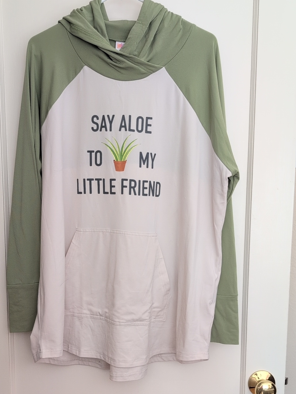 LuLaRoe Green & Cream Hooded Sweatshirt with Plant Graphic